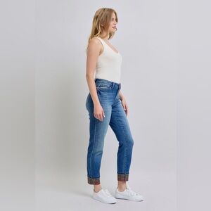 BOUTIQUE Judy Blue Jeans with Plaid Cuffs, Red Logo Tag, & Pockets—for Christmas